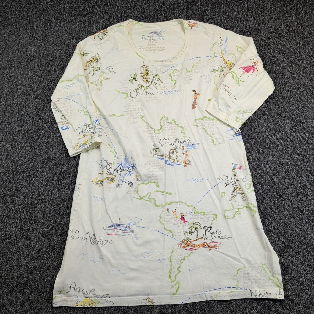 Soma Travel Bon Voyage Map Print Tunic Top Size 2 Large Cream Cotton 3/4 Sleeve‎